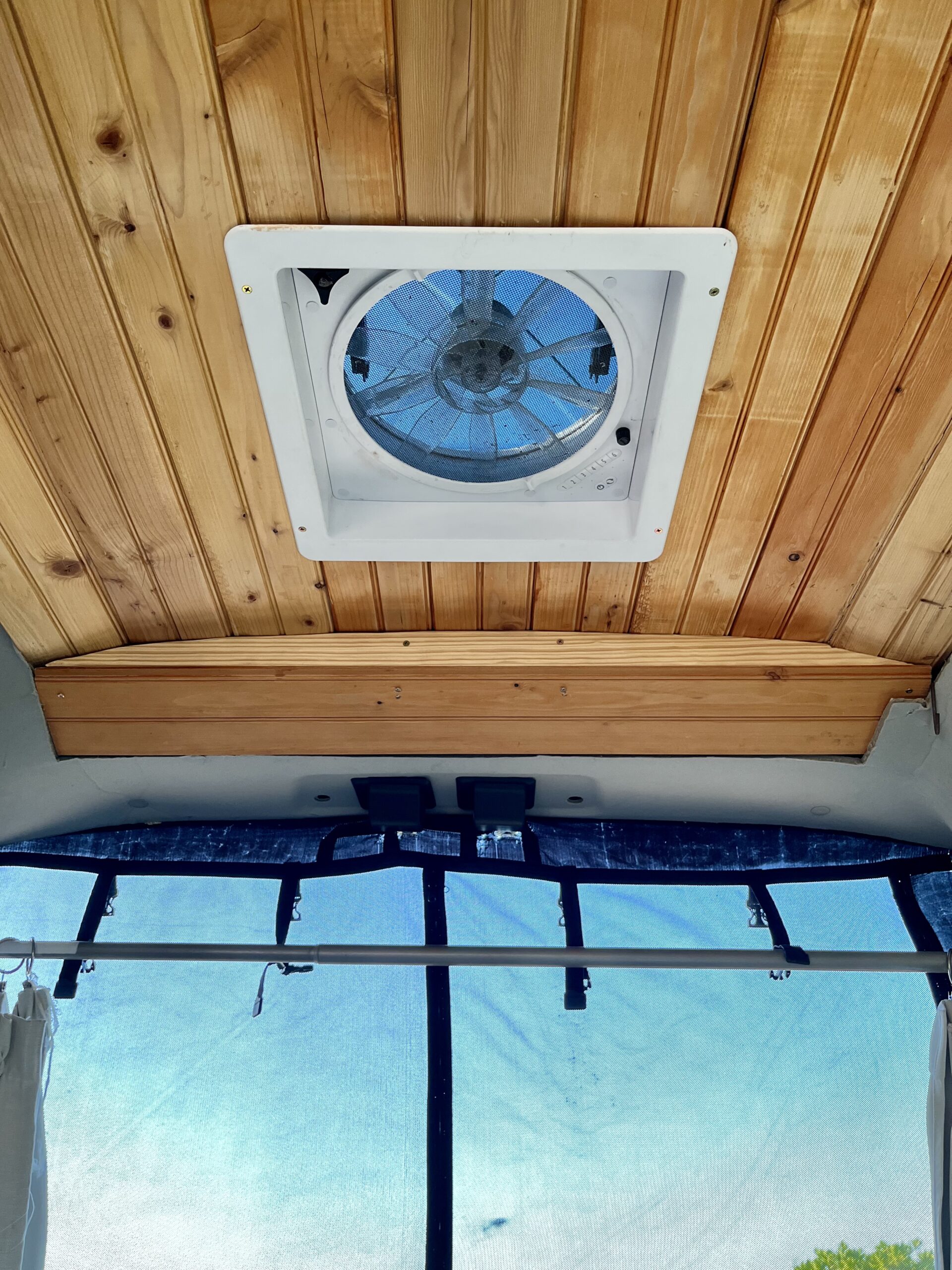 Carlos Camper Van – Interior Cooling Fan for Comfort Ceiling fan installed inside Carlos the camper van for cooling comfort