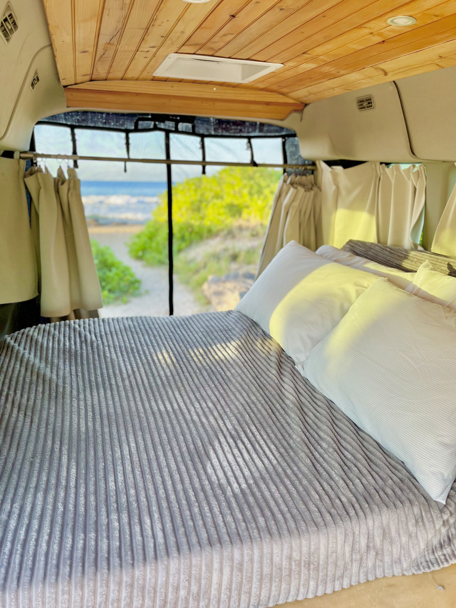 Carlos Camper Van – Rear Interior Screen for Privacy and Ventilation Interior view of Carlos camper van with privacy screen covering back doors.